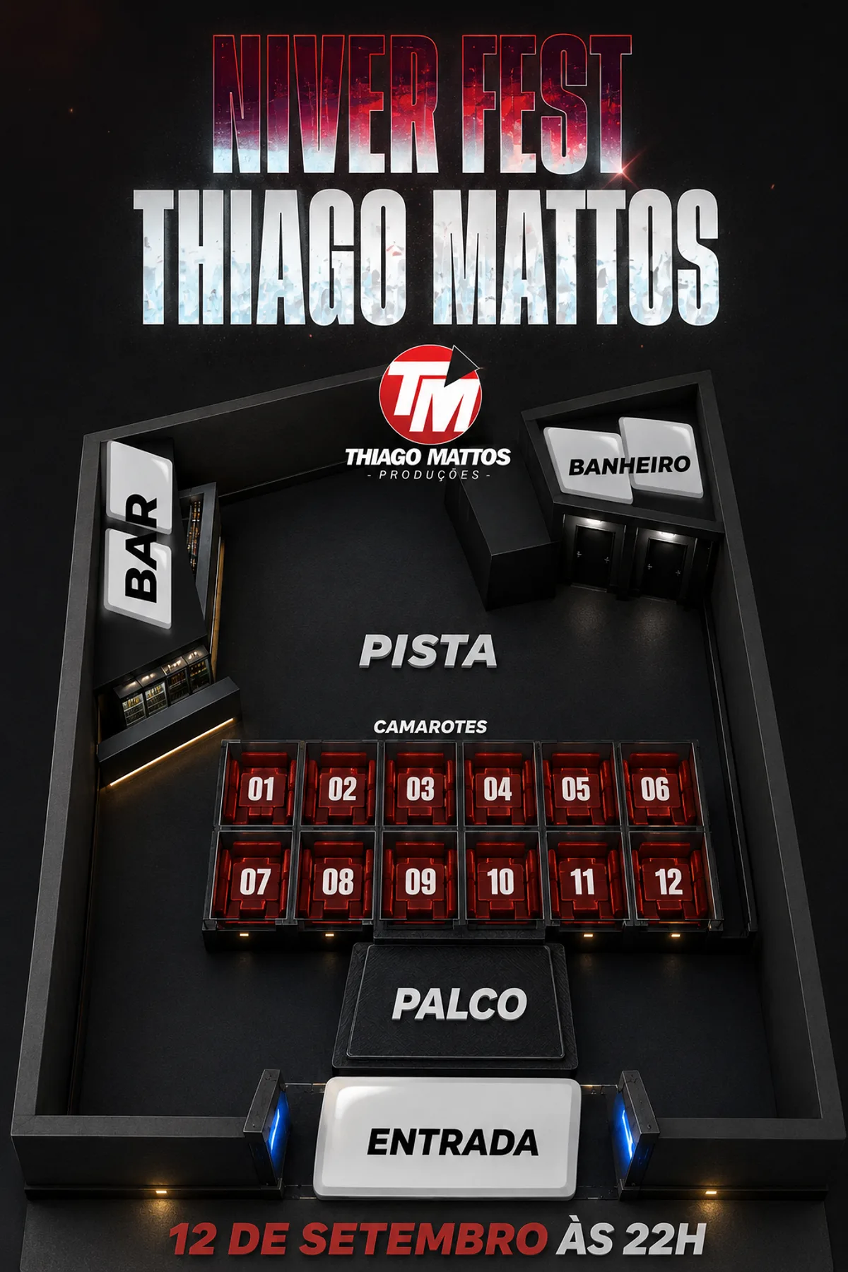 Mapa do evento com pista, palco, entrada e os 12 camarotes numerados